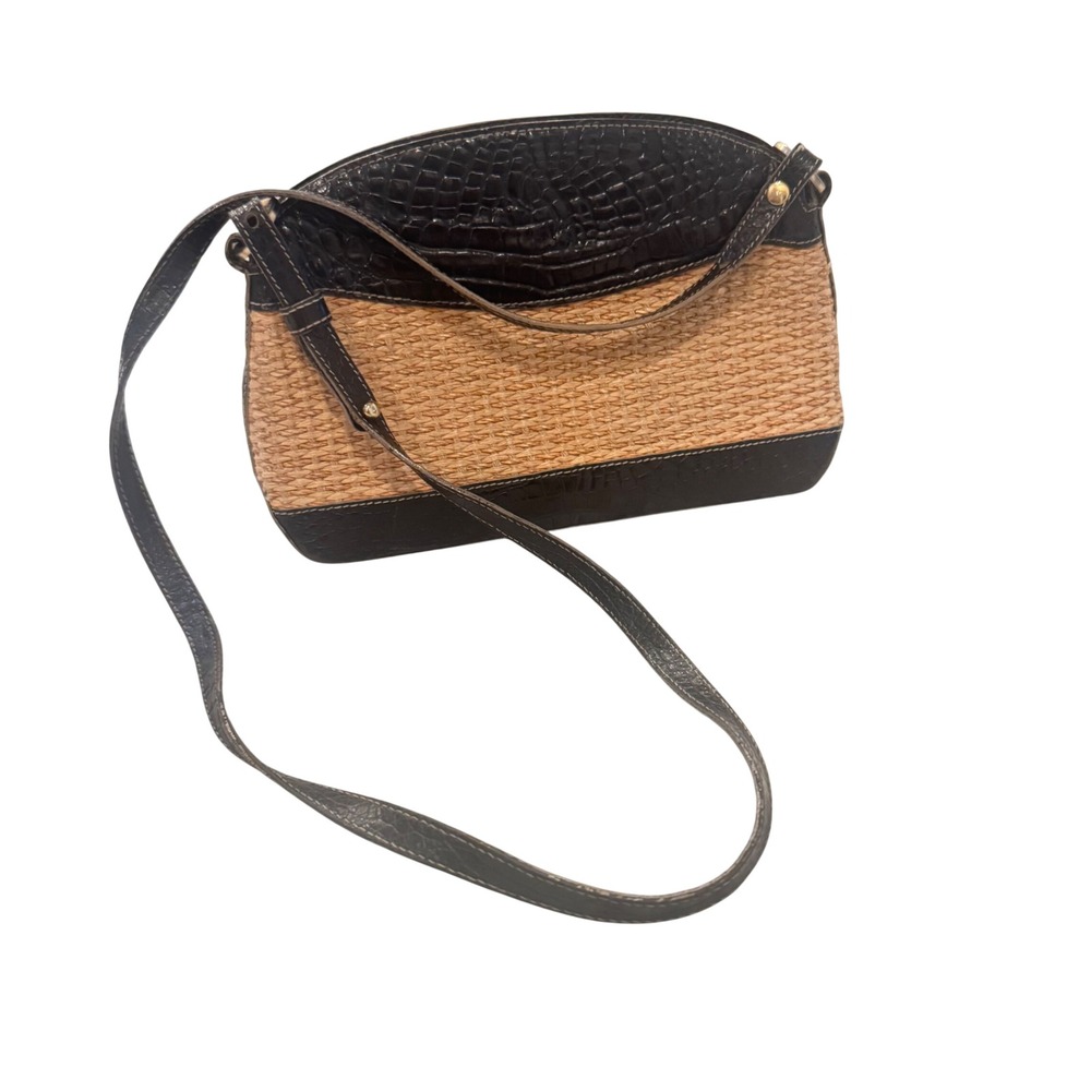 Brahmin Rare Vintage Black Croc Embossed Leather and Woven Straw Small Crossbody